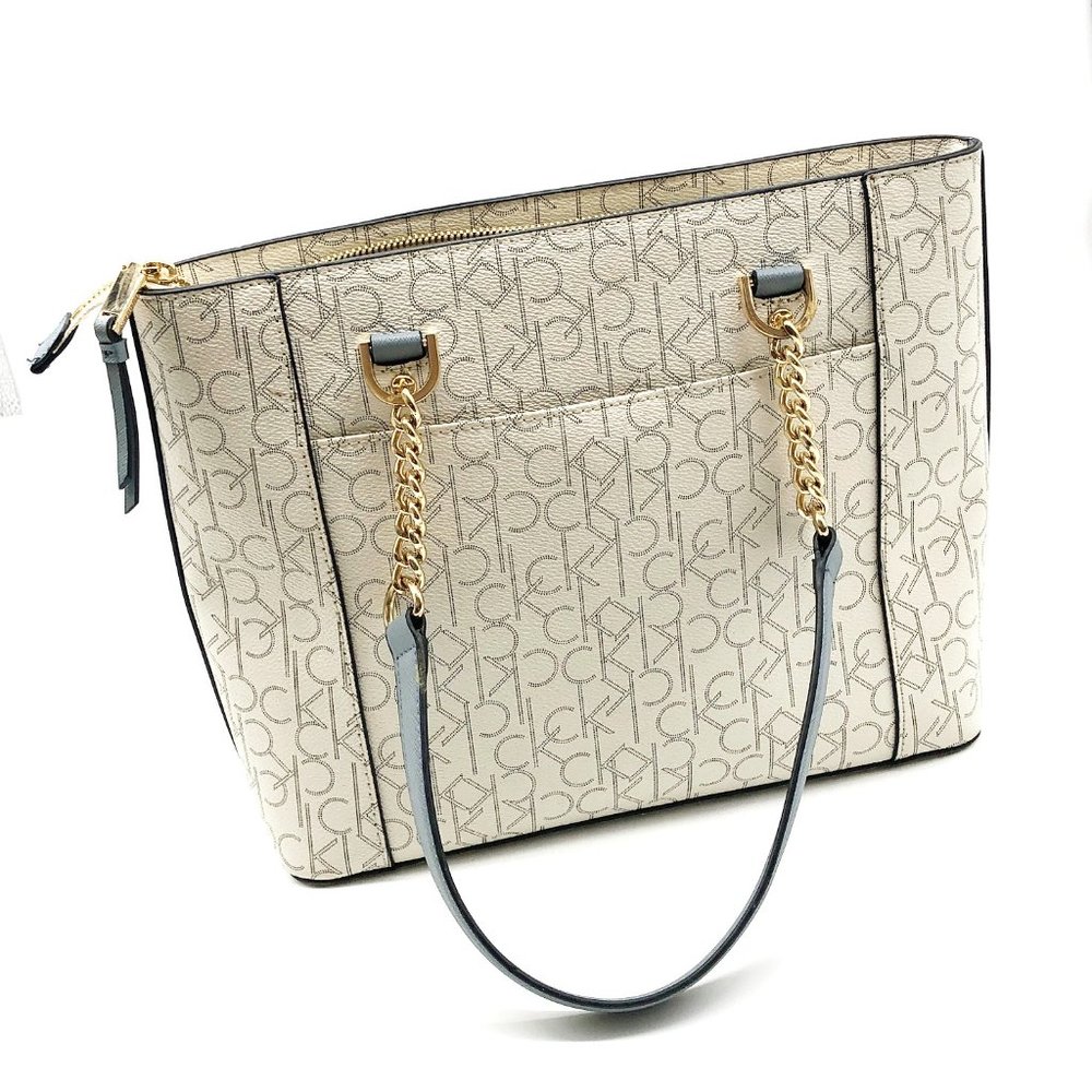 Calvin Klein monogram cream and pale blue Twilight tote purse handbag - Picture 14 of 14